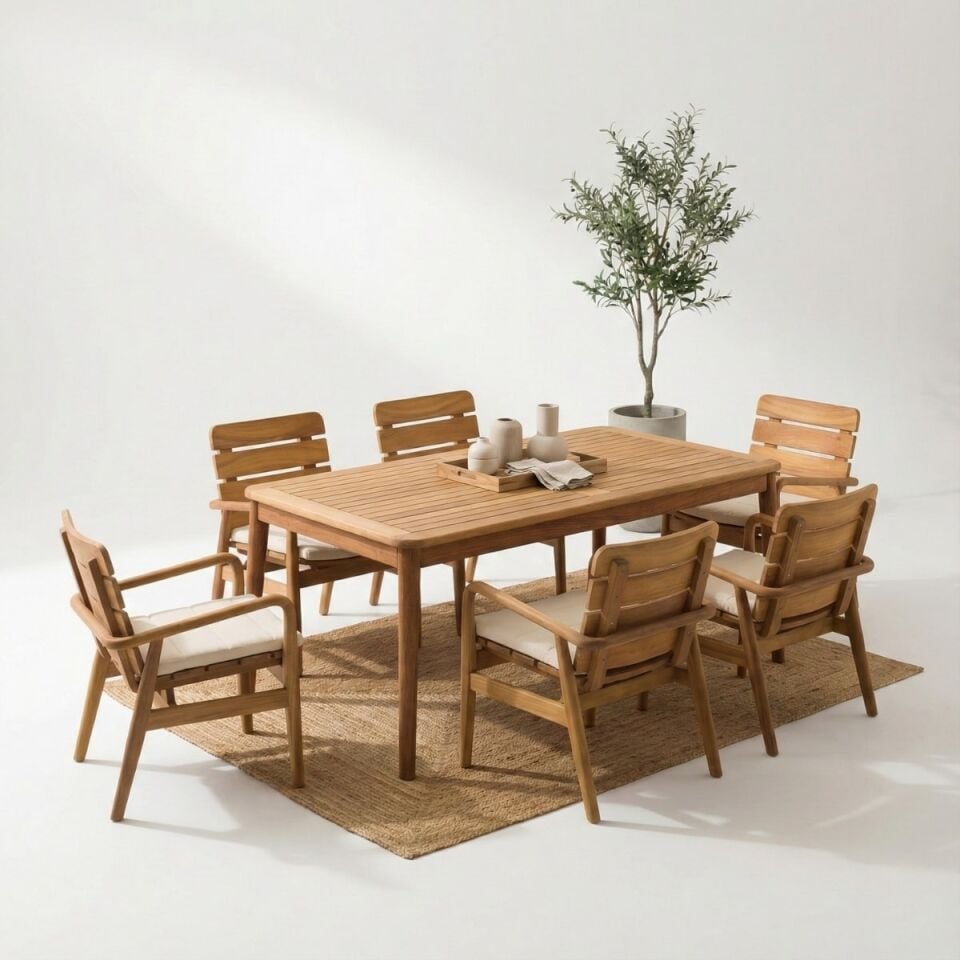 Alaçatı 6 Kişilik İroko Ahşap Masa Sandalye